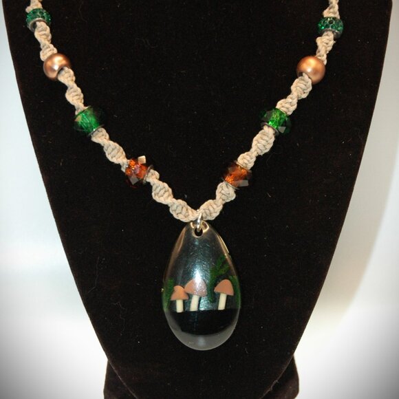 Mushroom & Moss Clear Teardrop Pendant on a Handmade 18" Tan Hemp Necklace - Picture 1 of 4